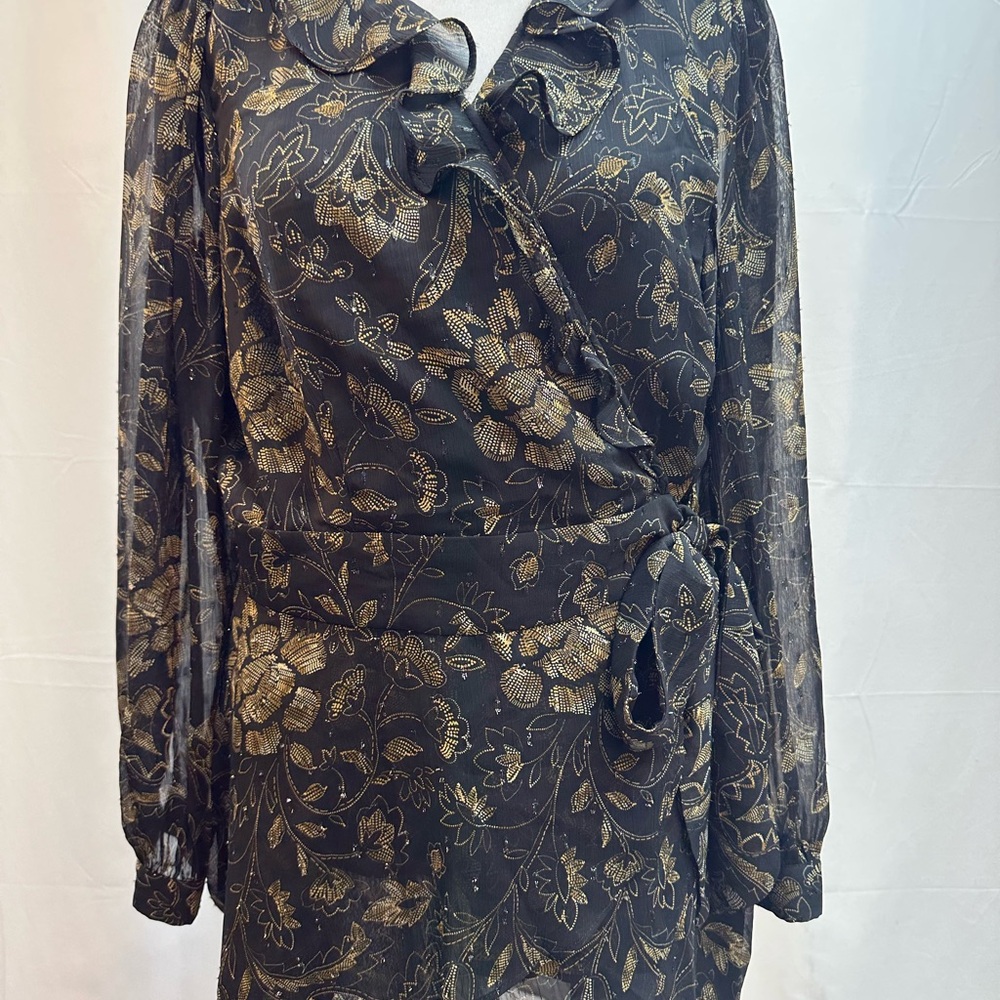 torrid Black and Gold Metallic Floral Wrap Tunic